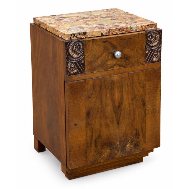 Brown Art Deco Walnut Dressing Table Set with Marble Top and Bedside Table, 1930s, Set of 2 For Sale - Image 8 of 15