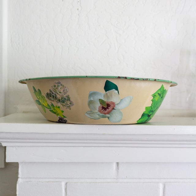 Light Yellow Vintage Floral Decoupage Large Enamelware Bowl For Sale - Image 8 of 12