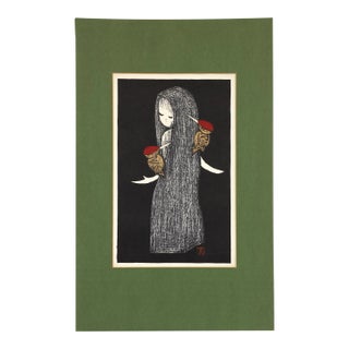 1950's Matted Color Woodcut Print of a Child and Woodpeckers by Kaoru Kawano For Sale