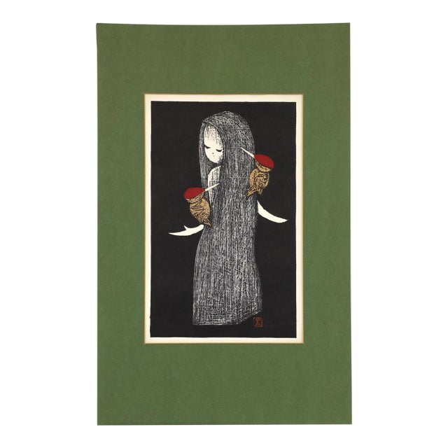 1950's Matted Color Woodcut Print of a Child and Woodpeckers by Kaoru Kawano For Sale