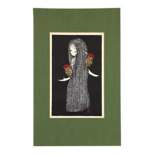 1950's Matted Color Woodcut Print of a Child and Woodpeckers by Kaoru Kawano