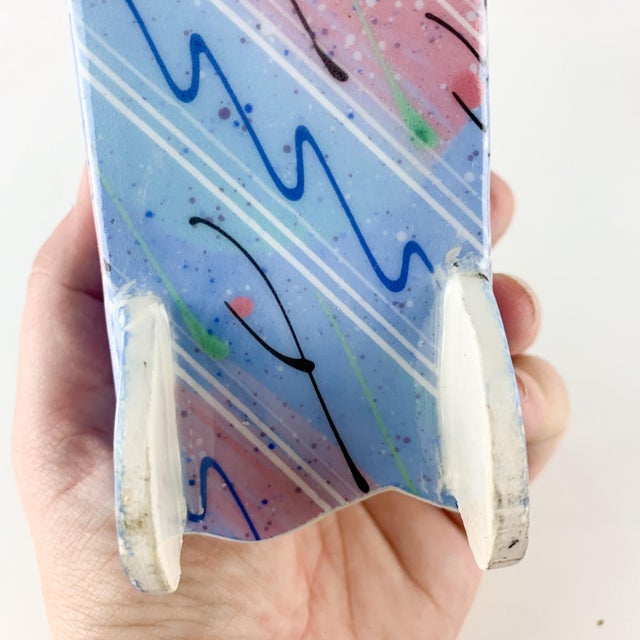 Vintage 80s Post Modern Art Pottery Memphis Style Blue Pink Line Napkin Holder For Sale - Image 4 of 8