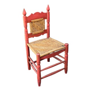 Rustic 1940s Mexican Low-Back Side Chair With Rush Seat & Back For Sale
