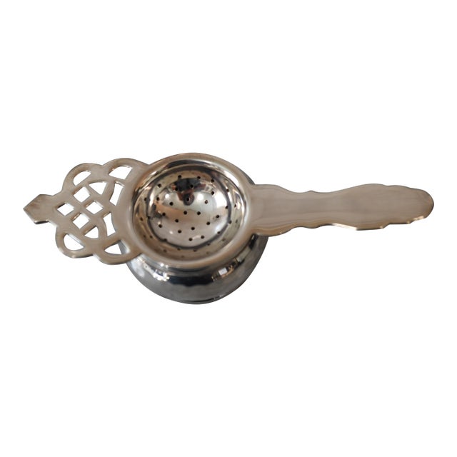 Vintage Loose Tea Leaf Bag Strainer Silver Plate Tea Strainer W Hammered Bowl For Sale