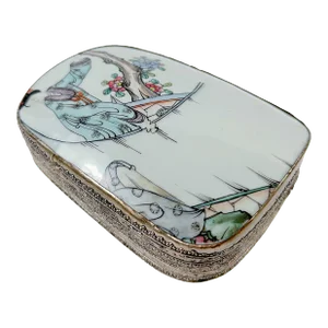 Antique Chinese Porcelain Remnant Silver & Brass Trinket Box