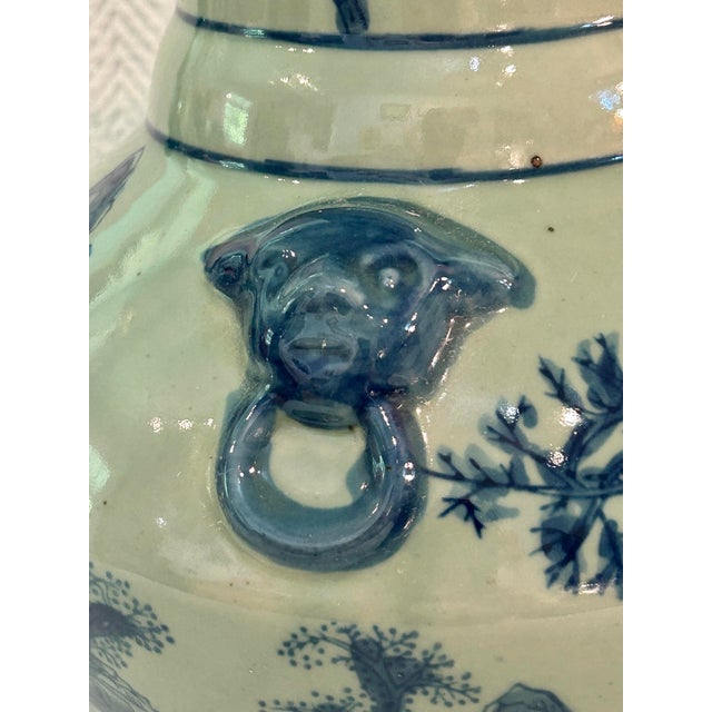 1970s Vintage Chinoiserie Celadon & Cobalt Blue Vase With Lion Mask Handles For Sale - Image 5 of 11