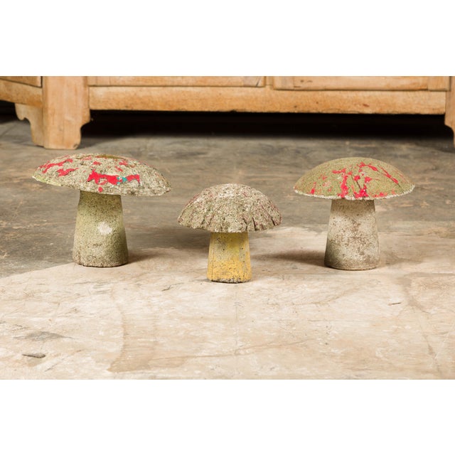 Set of Three American Midcentury Painted Concrete Mushroom Garden Ornaments For Sale - Image 9 of 12
