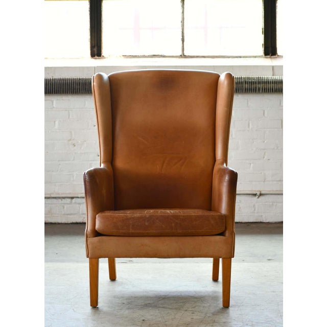 Danish Modern Kaare Klint Style Wingback Chair In Tan Leather With Patina Chairish