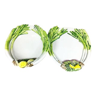 Pair Large 20th Century Trompe l'Oeil Italian Serving Platters/Bowls - Leeks Cabbage & Lemons For Sale