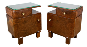 Art Deco Bedside Tables in Burl Wood with Glass Top, 1930s, Set of 2
