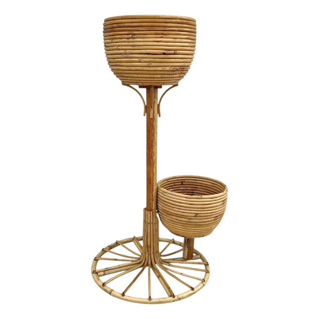 Rattan Bamboo Plant Holder on Stand, 1970s For Sale