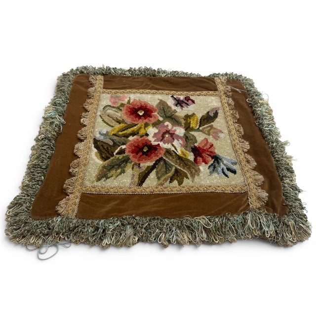 Vintage Savonnerie-Style Rug Cushion Cover, Floral, Brown Velvet & Fringe, 18"x18" For Sale - Image 4 of 5