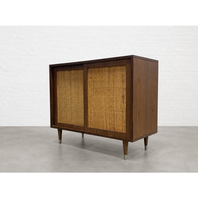 Mid Century Modern Caned Front Jr. Credenza | Small Storage Cabinet, C. 1950's For Sale In New York - Image 6 of 12