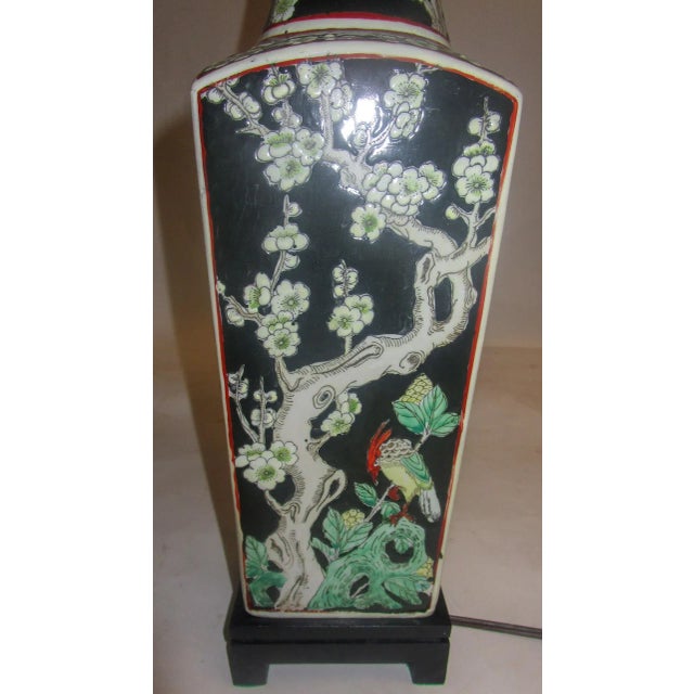 Chinese Chinese Export Black Ceramic Table Lamp With Floral and Bird Design For Sale - Image 3 of 13