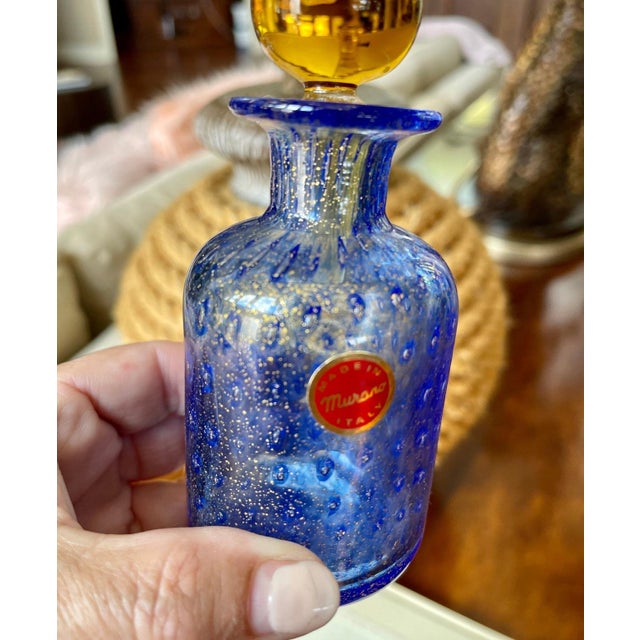 Vintage Blue Gold Speckled Murano Glass Decanter Bottle Italian Glass Art For Sale In Chicago - Image 6 of 8