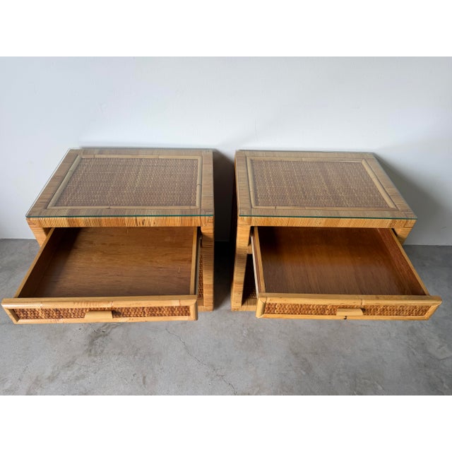 1980s Vintage Coastal Palm Beach Rattan & Woven Cane Nightstands With Glass Tops — A Pair For Sale - Image 5 of 12