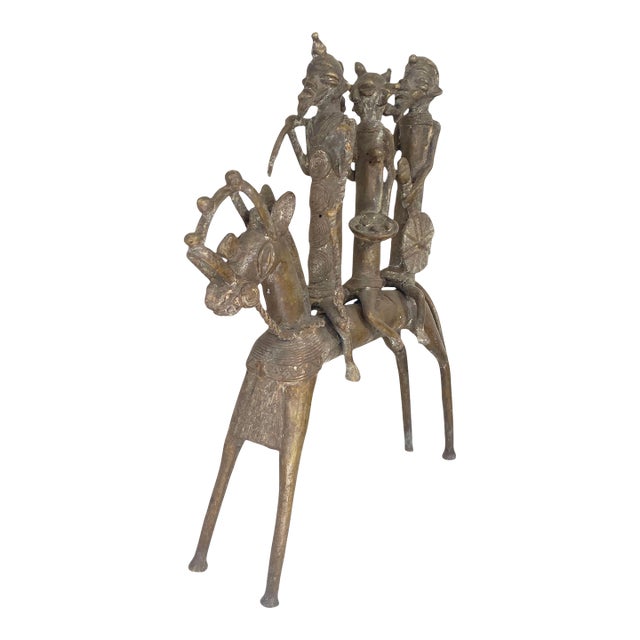 Vintage Lg African Kotoko Bronze Horseman W/ 3 Companions 17" H Chad For Sale