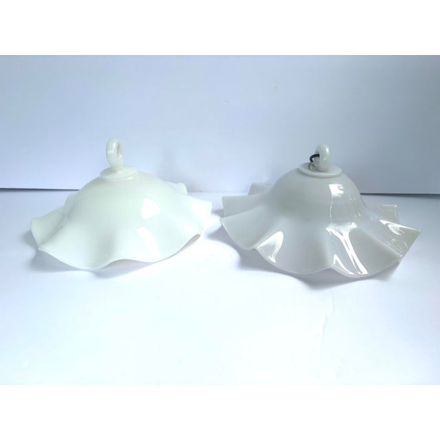 1900 - 1909 Antique Victorian White Milk Glass Ruffled Hanging Smoke Bells - a Pair For Sale - Image 5 of 12