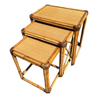 1960s Set of Three Vintage Rattan and Caned Nesting Tables For Sale
