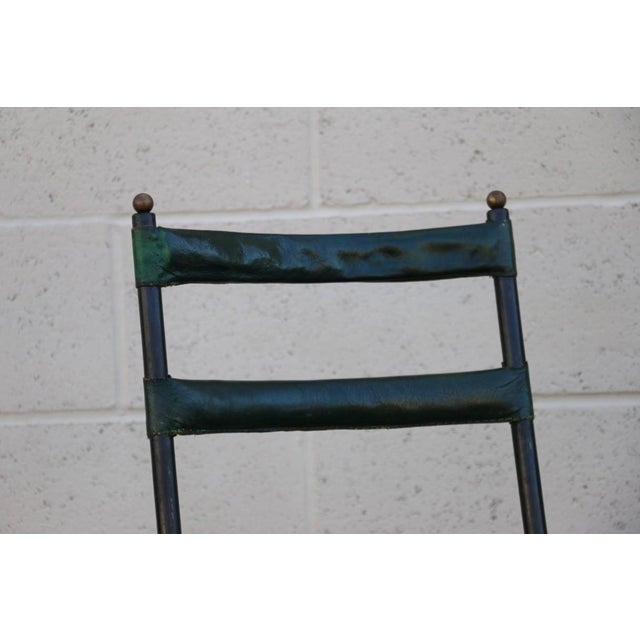 Mid-Century Modern Pair of Jacques Adnet Distressed Green Leather & Black Metal Dining Chairs, France 1950s For Sale - Image 3 of 18