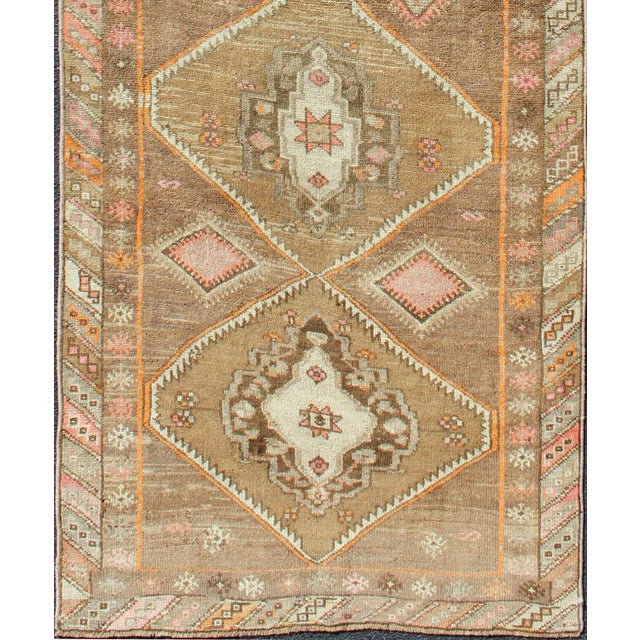 Tribal Vintage Hand Knotted Turkish Oushak Runner With Tribal Medallions in Earthy Tones For Sale - Image 3 of 11
