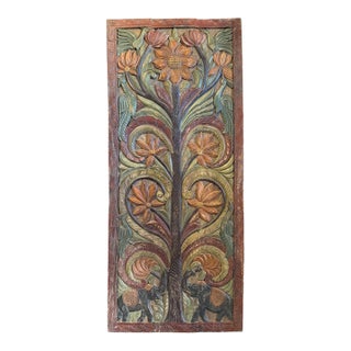 Vintage Hand-Carved Tree of Life Wood Barn Door | Painted Indian Wall Panel With Elephant & Lotus Door 84x36 For Sale