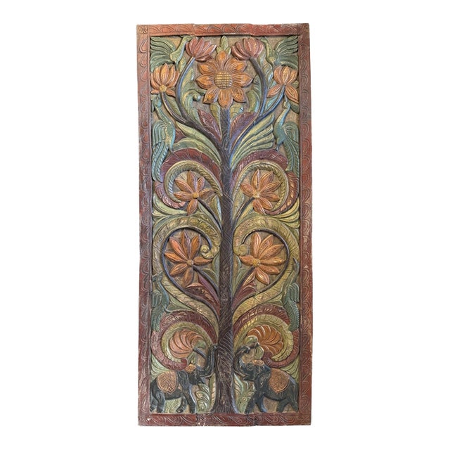 Vintage Hand-Carved Tree of Life Wood Barn Door | Painted Indian Wall Panel With Elephant & Lotus Door 84x36 For Sale