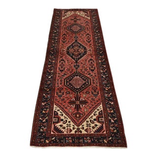 Hamedan Runner 3’7” X 9’7” Red Wool Vintage Tribal Hand-Knotted Oriental Rug For Sale