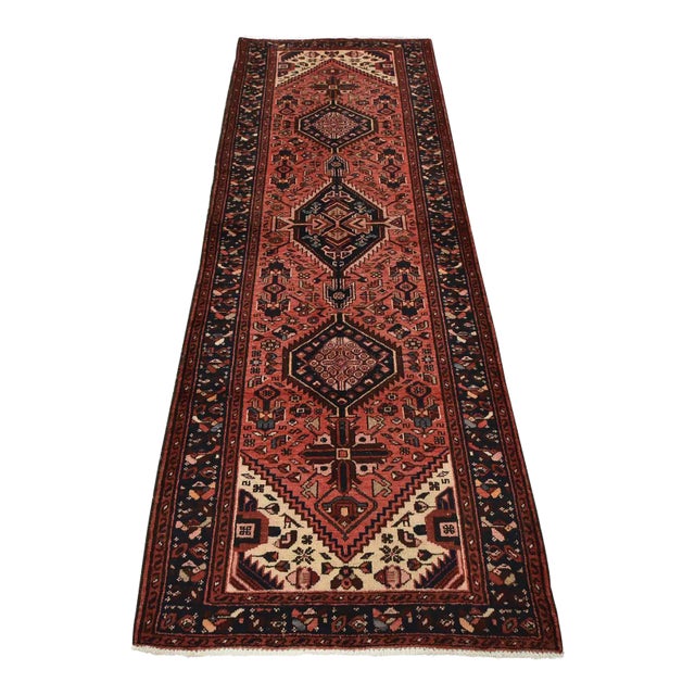 Hamedan Runner 3’7” X 9’7” Red Wool Vintage Tribal Hand-Knotted Oriental Rug For Sale