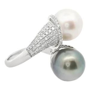 White & Tahitian Cultured Pearl Diamond 18k White Gold Bypass Ring Size 7