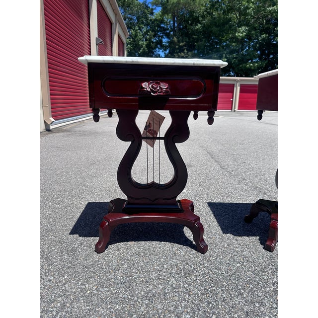 English Pair of Vintage Kimball Marble Top Lyre Pedestal End Tables For Sale - Image 3 of 9