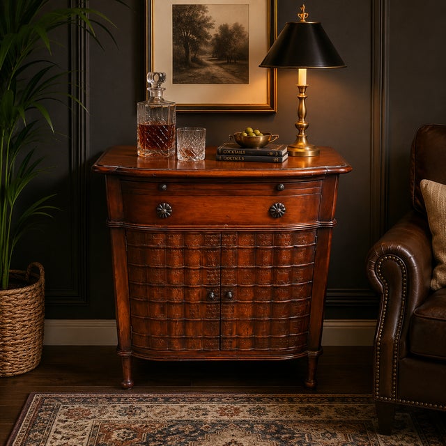 A distinguished English Regency style faux book bar cabinet, thoughtfully crafted in the manner of Theodore...