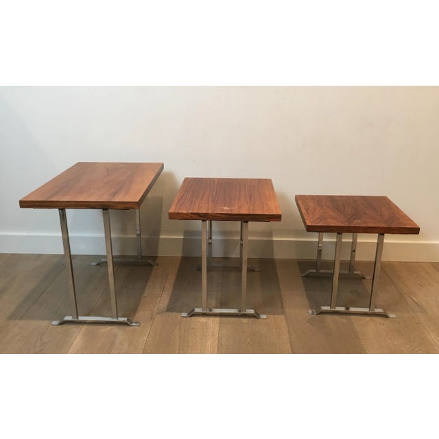 Exotic Wood and Chrome Nesting Tables, French, circa 1970 - Set of 3 For Sale - Image 12 of 13