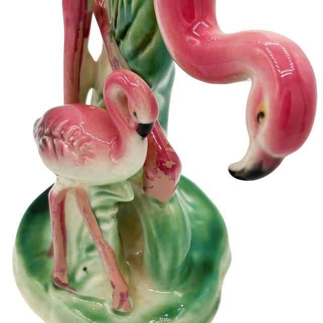Mid-Century Modern 1950s Mid-Century Child & Mother Pink Flamingo Ceramic Tabletop Statue by Leftons For Sale - Image 3 of 11