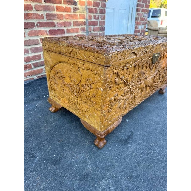 Shabby Chic Antique Chinese Carved Camphor Wood Trunk Coffer Chest For Sale - Image 3 of 16