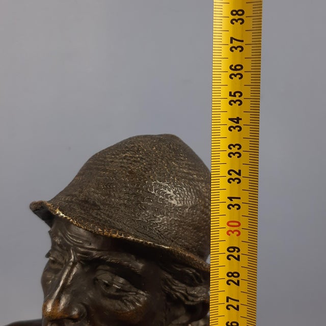 Sculpture Bust of a Peasant with Bunches of Grapes, Late 1800s, Bronze on a Wooden Base For Sale - Image 11 of 12