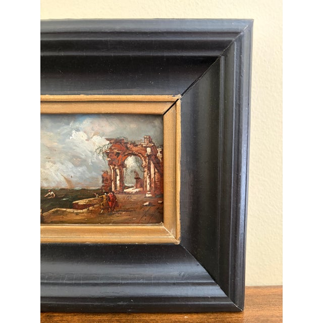 Antique Italian Capriccio Framed Oil Painting of Landscape With Ruins Attributed to Francesco Guardi For Sale In South Bend - Image 6 of 11