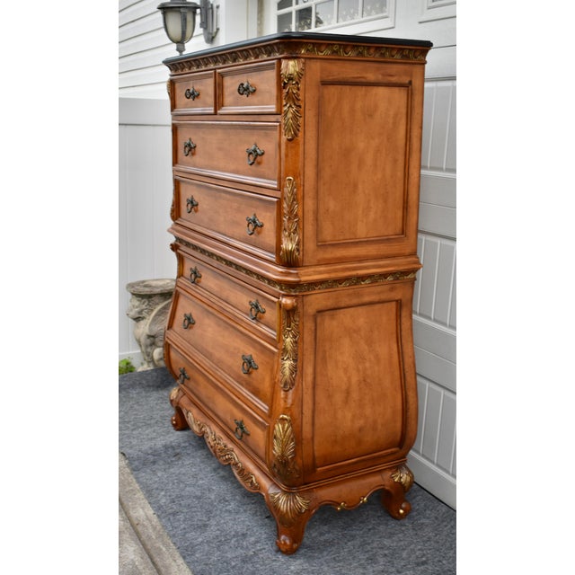 Legacy Carved Bombe Tall Chest French Style Pine Dresser W/Gold Details For Sale - Image 14 of 17