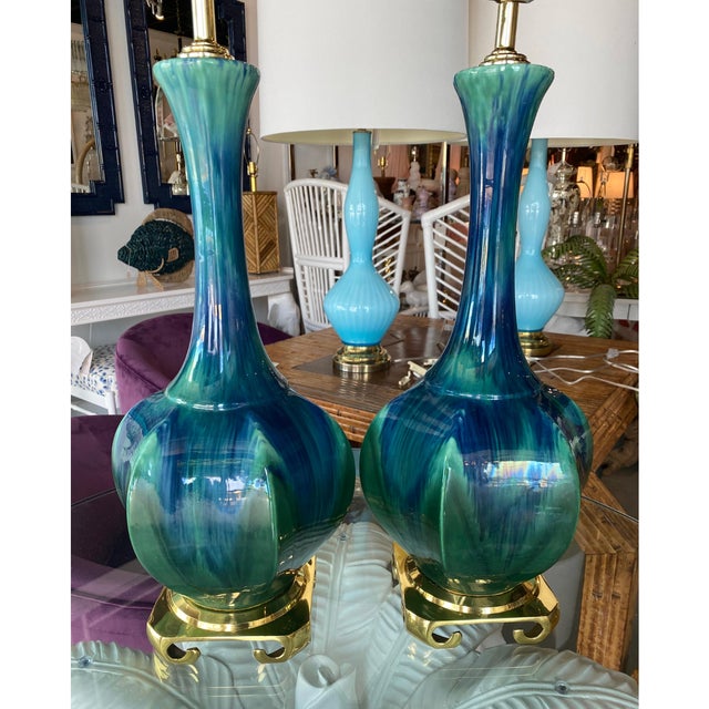 Vintage Pair of Blue Green Ceramic Table Lamps Brass Greek Key Base - a Pair For Sale - Image 10 of 11