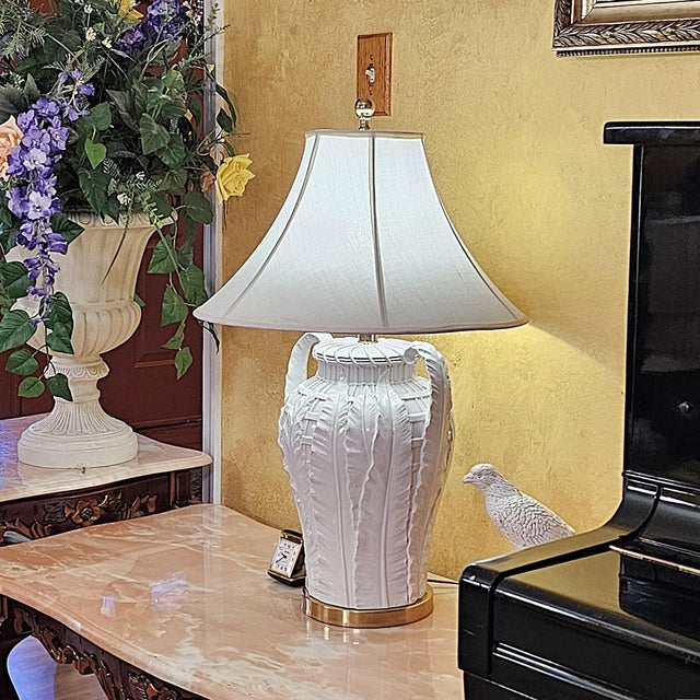 Vintage Paul Hanson Style White Ceramic Urn Table Lamp With Raised Botanical Relief Design For Sale - Image 18 of 18