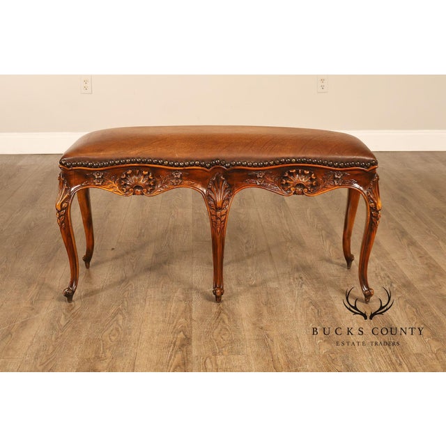 Rococo Style Leather Upholstered Carved Mahogany Window Bench For Sale - Image 9 of 18