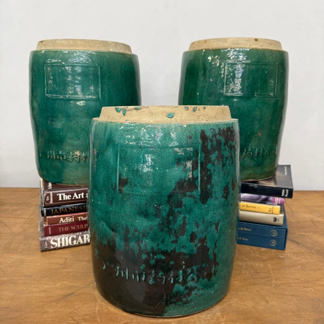 Round Green Glazed Storage Jars with Markings - Set of 3 For Sale In New York - Image 6 of 11