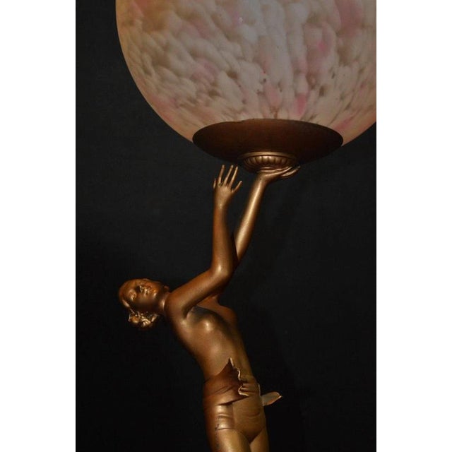 Art Deco French Bronze Dancer Table Lamp with Opaline Glass Globe, 1930s For Sale - Image 11 of 18