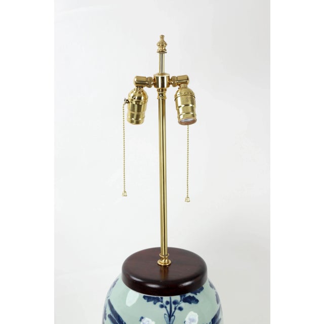 19th Century 19 Century Double Bulb Pull Chain Celadon Blue and White Bird Motif Porcelain Lamp For Sale - Image 5 of 8