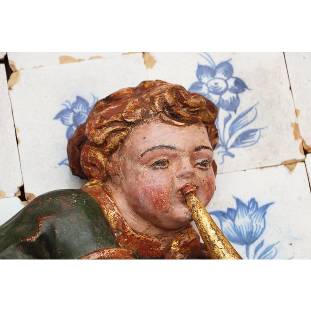 Antique Cherub Musician Playing a Golden Bugle, 18th Century, Portuguese For Sale - Image 6 of 14