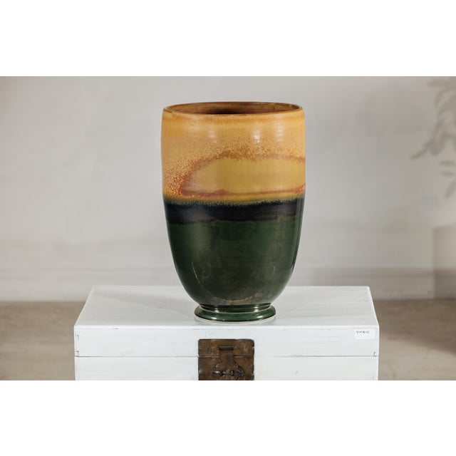 Late 20th Century Large Ochre and Green Glazed Ceramic Planter with Tiered Earth-Tone Finish For Sale - Image 14 of 18
