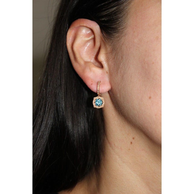 Blue Round Brilliant Cut Blue Topaz Diamond Halo 14 Karat Rose Gold Huggie Drop State, A Pair For Sale - Image 8 of 9