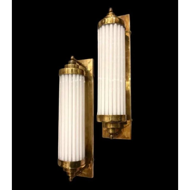 Vintage Skyscraper Art Deco Brass & Milk Glass Rod Ship Light Fixture Wall Sconces - a Pair For Sale - Image 6 of 7