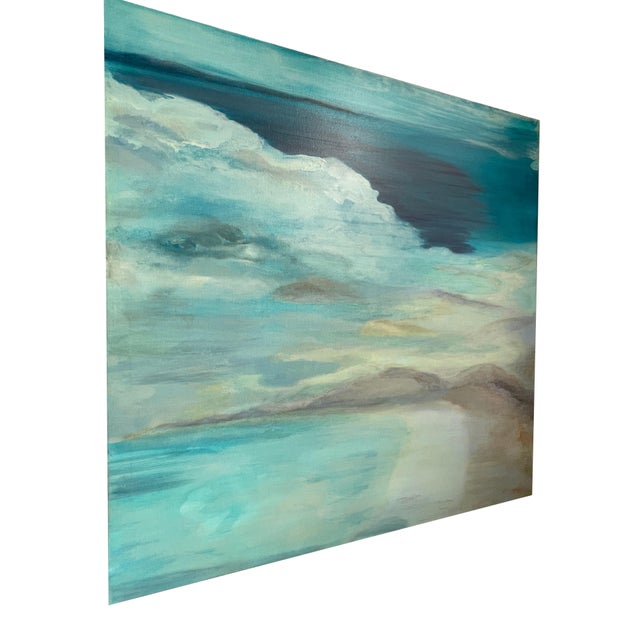 This painting is an ethereal, abstract seascape rendered in soft, blended hues of turquoise, aquamarine, golden sand, pale...