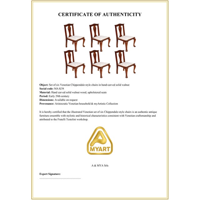 Brown Italian Baroque Chippendale Style Walnut Chairs, 1920s, Set of 6 For Sale - Image 8 of 9